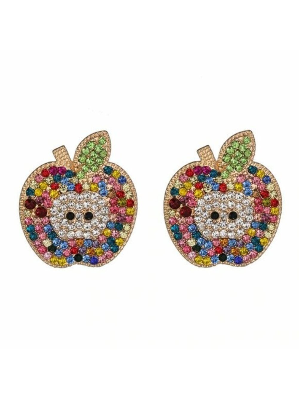 Large Apple Fruit Multicolor Rhinestone Gold Stud Drop Earrings